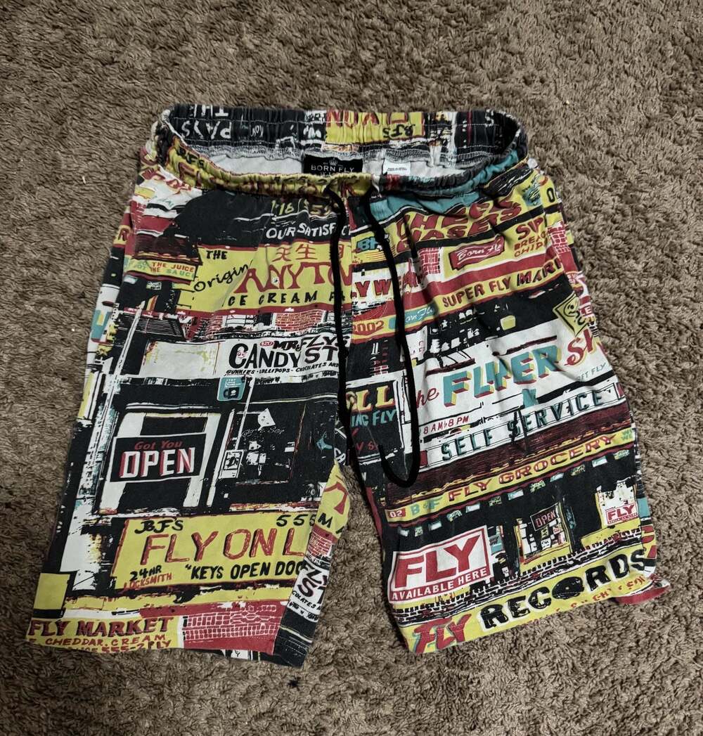 Born Fly All-Over Graphic City Signs Print Shorts